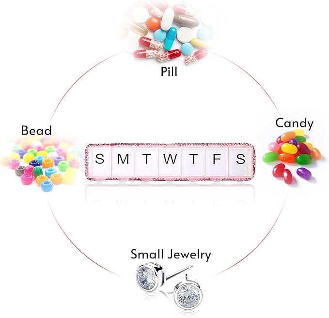 Soleebee Portable Weekly 7 Day Pill Organizer, Bling Crystal Pill Box Case, Travel Pill Planner, Pill Dispenser, Medicine Vitamin Container Organizer (Pink)