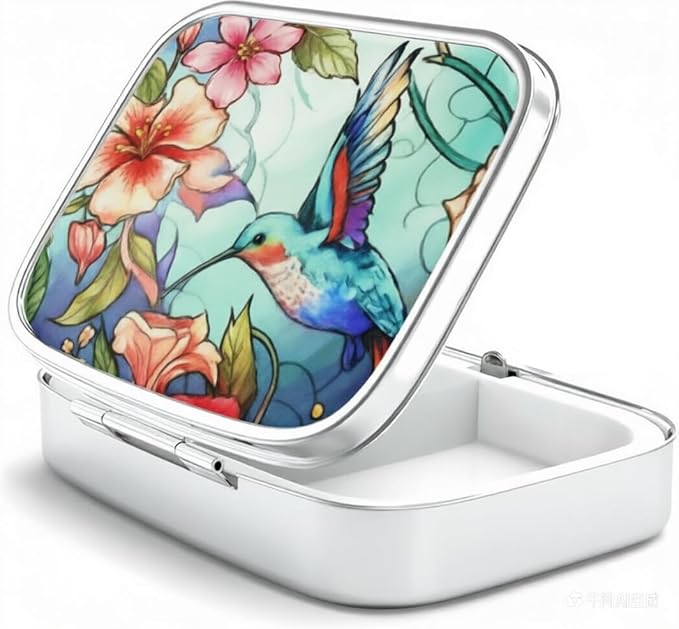 WATASSA Pill Box with Animal Style Mirror All-in-One 2-Compartment Portable Medicine Organizer, Marble Pattern Travel Pill Case for Vitamins&Daily Medication(Fits Pocket/Purse) (Blue Bird)