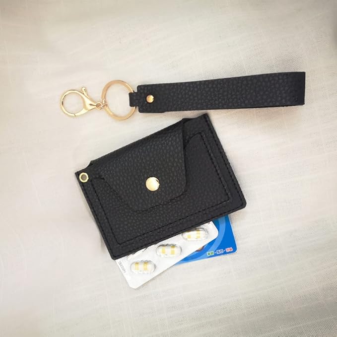Birth Control Pill Case Medicine Holder Daily PU Leather Removable Wristlet Strap (Black)