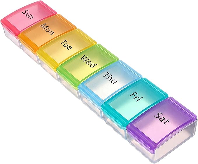 Pill Organizer, Weekly Portable Pill Dispenser, Travel Daily Pill Case Box Holder, 7 Compartment Medication Planner for Vitamin, Medicine, Fish Oil, Supplements (Transparent, 7-Color lid