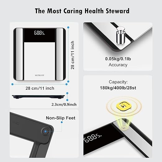 Smart Scale for Body Weight and Fat Percentage, NUTRI FIT Digital Bathroom Scale Bluetooth Biometric Scale for BMI, 17 Metrics Body Composition Analyzer High Accuracy for Weight Loss, Sync App