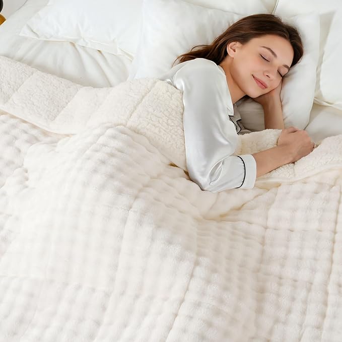 Cottonblue Weighted Blanket 25 lbs for Adults Queen Size, Fluffy Bubble Sherpa Fleece Weighted Blankets Throw for Sofa Bed, Soft Fuzzy Heavy Blanket for Calming & Sleeping, 60"x80", Cream White