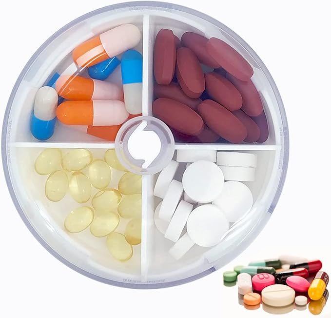 Pill Organizer Portable Travel Pill Box Round Rotatable Pill Case 4 Large Compartments Medicine Organizer for Vitamin Fish Oil Pills Supplements (White)