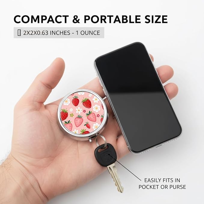 Flowers Strawberry Pill Box 3 Compartment Small Pill Case,Portable for Pocket or Purse Pill Organizer Pill Container Holder with Mirror to Hold Vitamins, Medication, Fish Oil and Supplements