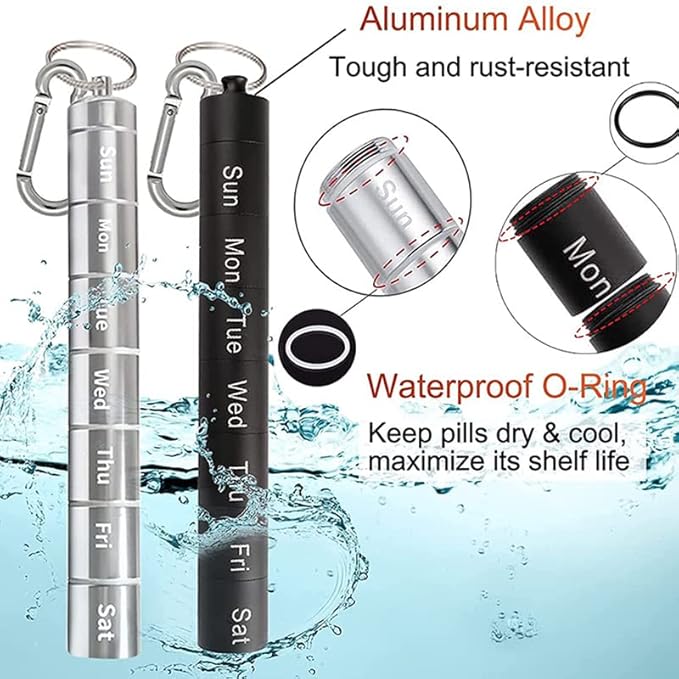 Tvoip Portable Pill Case Keychain Waterproof 7 Days Pill Holder Travel Pill Container Portable Medicine Keychain Daily Airtight Pill Organizer for Outdoor Camping Travel (Black)