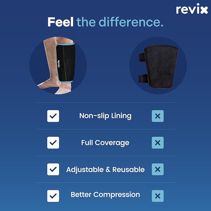 REVIX XL Shin Ice Pack Reusable Gel Cold Pack for Calf and Elbow Discomfort Relief, Leg Cold Therapy Compression Sleeve Refreezable, 360° Full Coverage