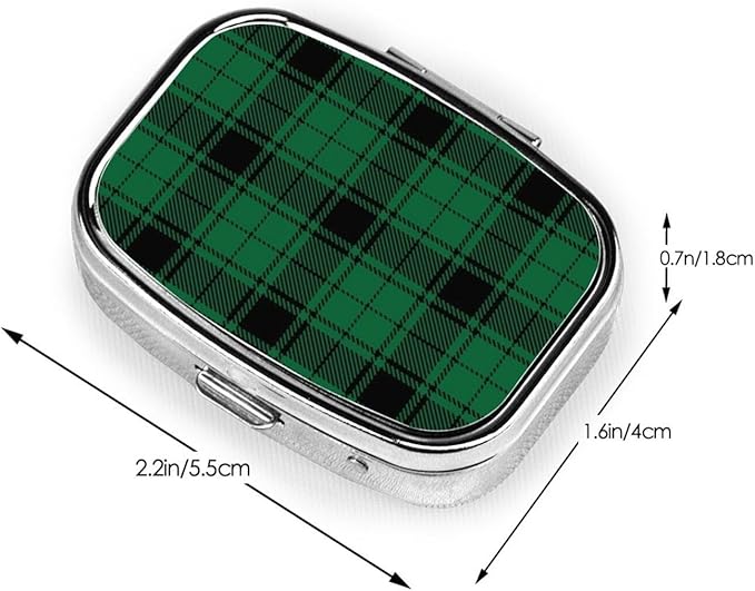 Pill Case Green Black Buffalo Check Plaid Pattern Pill Box with Mirror Retro Pocket 2 Compartment Medicine Case Vitamin Pill Organizer for Pocket Purse and Travel Gifts