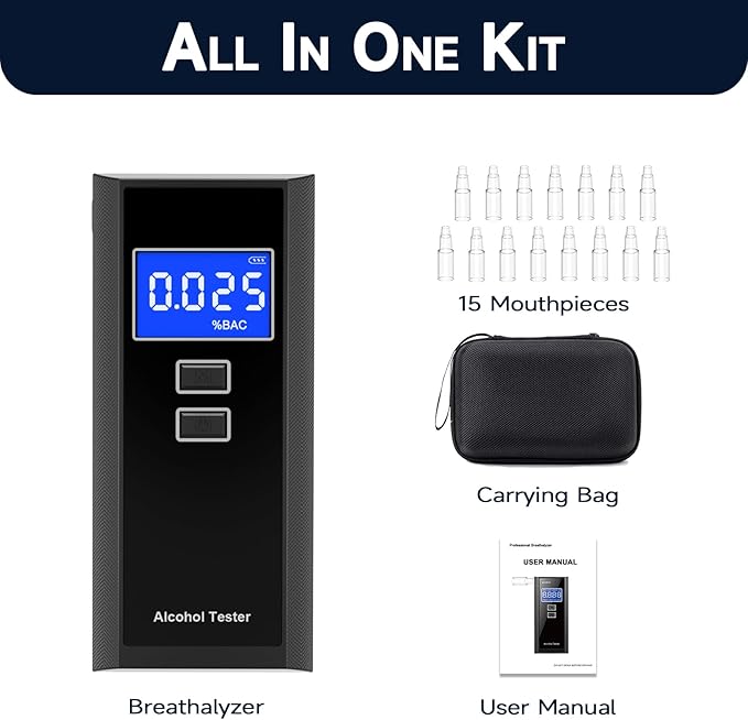 Breathalyzer with 15 Mouthpieces & Carrying Bag - Portable Breathalyzers for Alcohol Tester Digital LCD Display Fast BAC Estimate Audio Alarm, 50 Record for Personal Screening Home Party Use