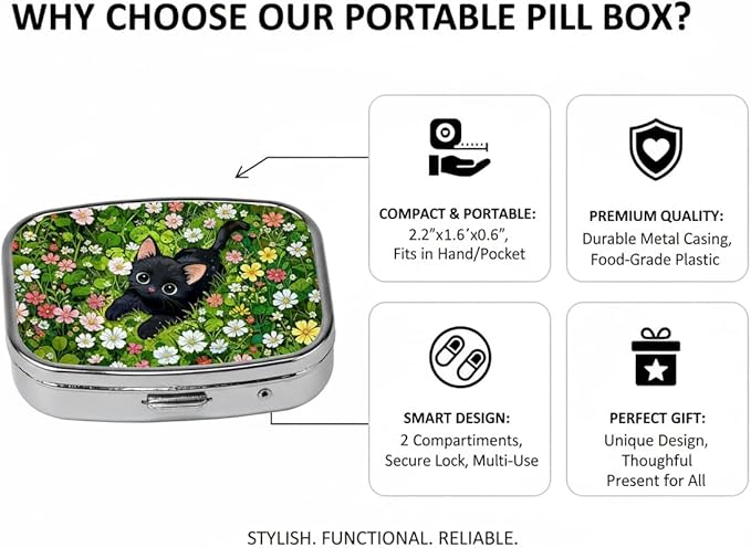 Garden Cat Pill Box 2 Compartment Small Pill Case,Portable for Pocket or Purse Pill Organizer Pill Container Holder with Mirror to Hold Vitamins, Medication, Fish Oil and Supplements
