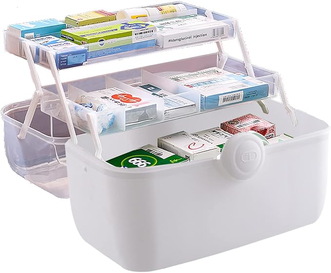 3-Tier Medicine Storage Box with Removable Pill Case & Handle, Portable Medical Containers Chest, Empty First Aid Box for Medicine, Family Emergency Kit, Small Staff- Home Office Travel use ( White )