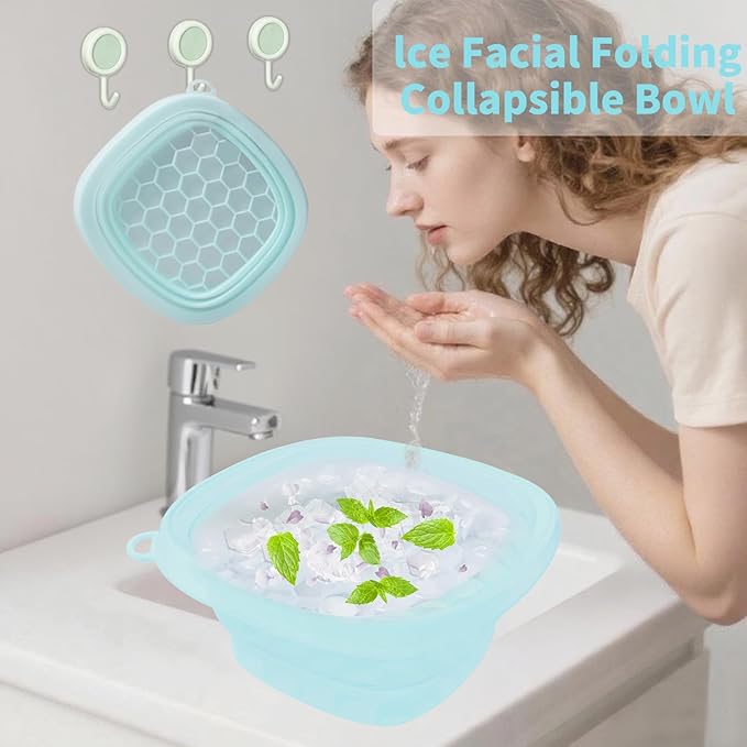 Face Bowl for Ice with Built-in IceTray,Collapsible Silicone Face Ice Bowl – Cold Plunge Therapy for Skin Tightening & Facial Treatment– Portable Spa Tool for Home & Travel（Blue)