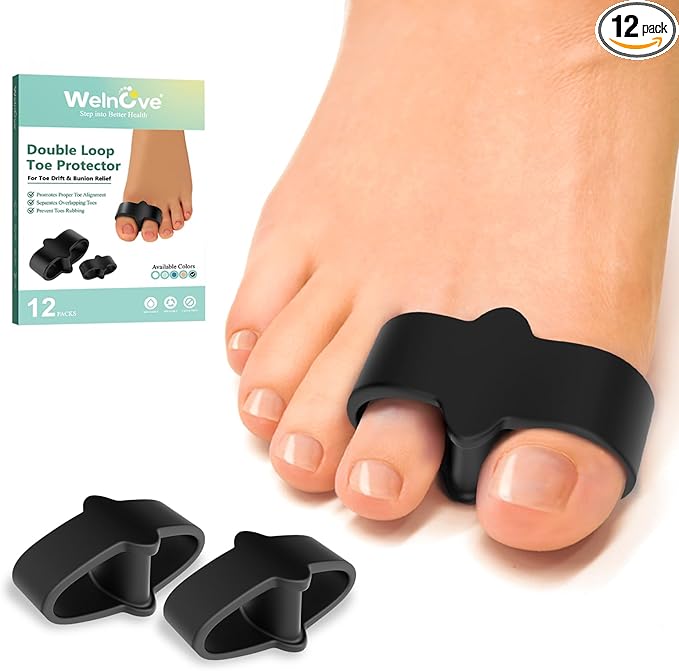 Welnove Pack of 12 Bunion Corrector, Toe Separators with 2 Loops, Big Toe Spacer Suitable for Bunion and Overlap Toe (Black)