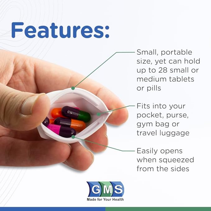 GMS Squeezable Pocket Pill Case - Small, Lightweight Pill Organizer Ideal for Travel - Holds Medicines Securely - Sturdy Design with Easy Fuss-Free Access - Pocket Sized & Discreet