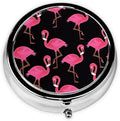 Lovely Pink Flamingos Printed Round Travel Pill Box Cute Small Metal Pocket Pill Case for Men & Women 3 Compartment Portable Pill Organizer for Purse or Pocket
