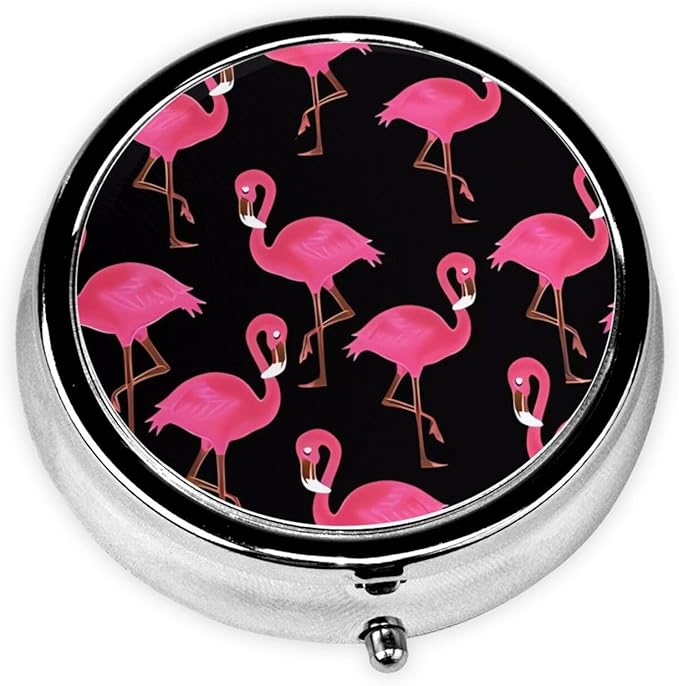 Lovely Pink Flamingos Printed Round Travel Pill Box Cute Small Metal Pocket Pill Case for Men & Women 3 Compartment Portable Pill Organizer for Purse or Pocket