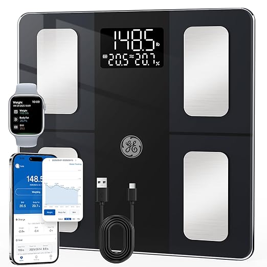 GE Smart Scale for Body Weight and Fat, Digital Bathroom Scales BMI Body Fat - Bluetooth 13 Body Composition Monitor for Muscle Mass People with App, Accurate 400lb Weighing, Rechargeable-Black
