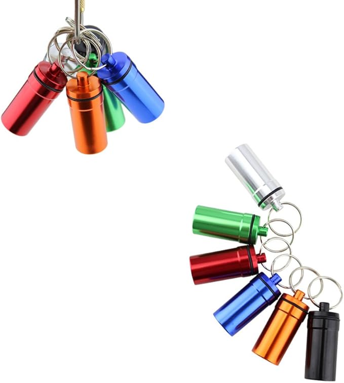 WESTONETEK Set of 6 Aluminum Metal Pill Box Case Organizer with Keychain - Outdoor Medicine Bottle Key Ring Small First Aid Drug Holder Pill Container