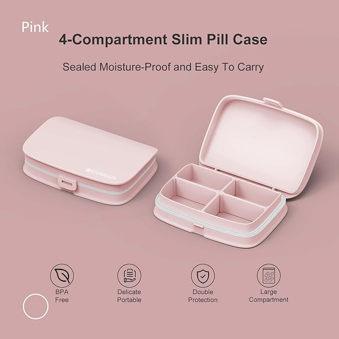 Slim Pill Case - Portable Pill Organizer with Removable Compartments - Leakproof Pill Holder for Daily Medication