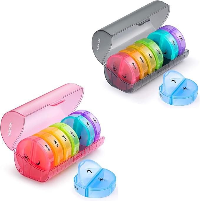 2 Pack Weekly Pill Organizer 7 Day 2 Times a Day, Sukuos Large Daily Pill Cases for Pills/Vitamin/Fish Oil/Supplements, BPA Free Pill Box, Easy to Clean