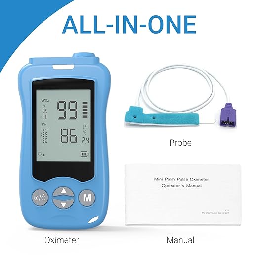 Handheld Fingertip Pulse Oximeter, Medical Grade Pediatric Pulse Oximeter Wrap Probe for Infant Kids Adult, Continuous Pulse Oximeter and Spot Checking, Fast Reading SpO2 Pulse Rate Respiration Rate, Adjustable Audio Visual Alarm (Blue)