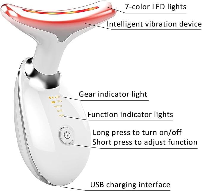Device | 7-in-1 Red Light Therapy for Face and Neck - 7 Colors, Smart Vibration | Red Light Face Massager Tool - Effectively Remove Wrinkles, Lift Neck, Portable Skin Care Tool (White)