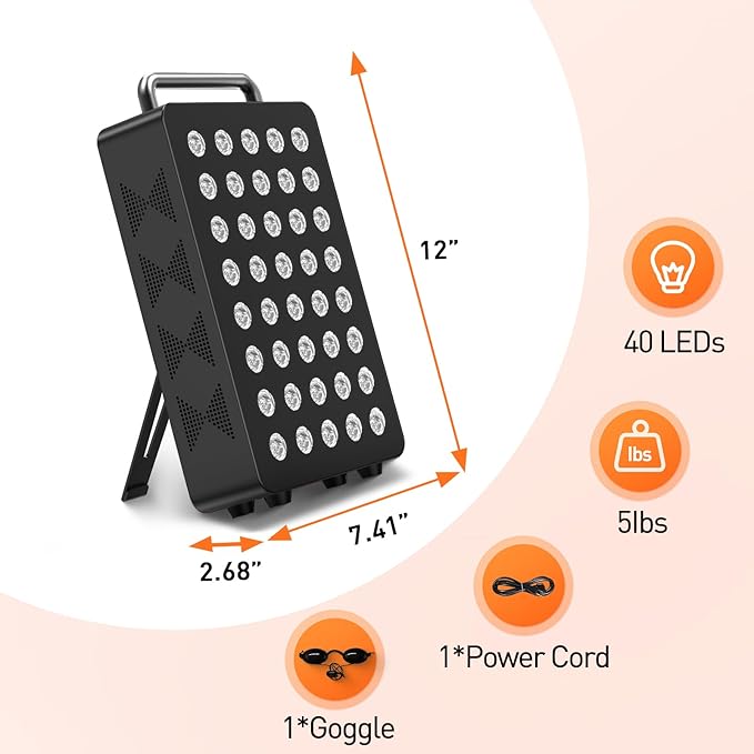 Red Light Therapy Panel 5 Wavement 40 Dual Chip High-Efficiency LEDs 630+660+810+830+850nm Red and Near Infrared Lamp Therapy Device 60W Timer & Stand for Body Pain Relief Face Skin Health
