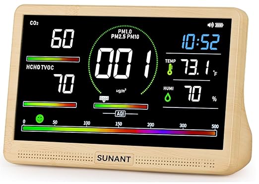 16-in-1 Air Quality Monitor Indoor, 7' Smart Large Display 9 AQI+7 Alarm Alerts, Real Time CO2, Formaldehyde, TVOC, PM2.5, PM10, Temperature & Humidity Portable Battery Powered Tester for Home, Office