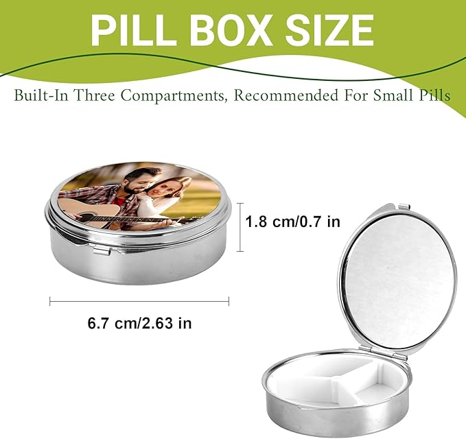 Custom Pill Box Organizer Travel With Photo,Logo,Text Personalized Metal Medicine Pill Case Waterproof Tablet Vitamin Holder Organizer for Purse Pocket Travel Gifts with Mirror&Key Rings 3 Compartment