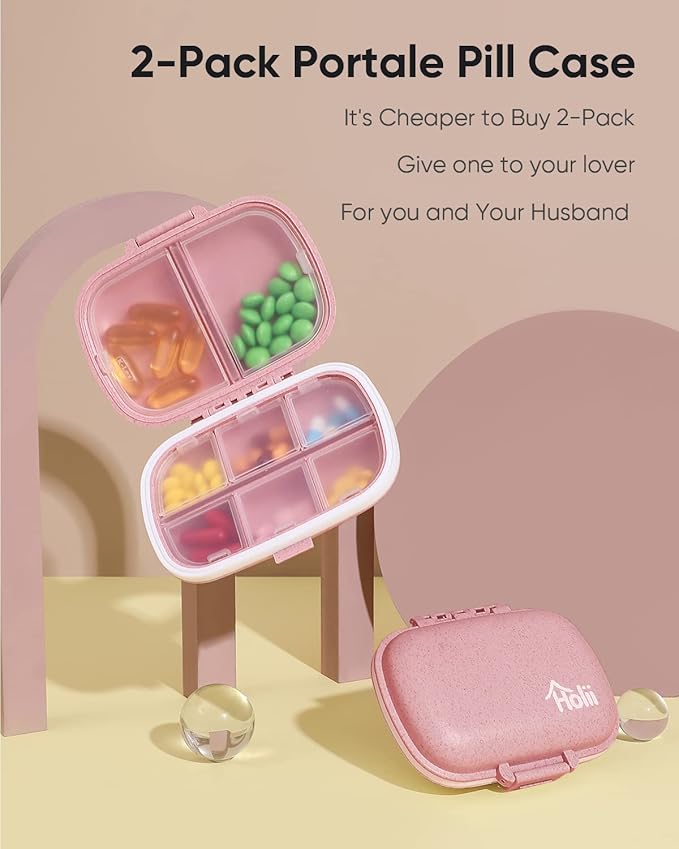 Holii 2PS 8 Compartments Travel Pill Organizer, Pocket Pharmacy for Purse Daily Pill Box Portable Medicine Organizer Vitamin Holder Container (Light Pink)