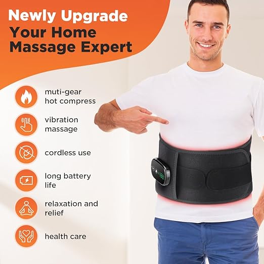 Cordless Heating Pad for Back Pain Relief, Rechargeable Lower Back Heating Belt with 5 Heat Levels and 3 Vibration Massage, Wearable Heated Back Brace for Waist, Abdomen, Muscle Relaxation