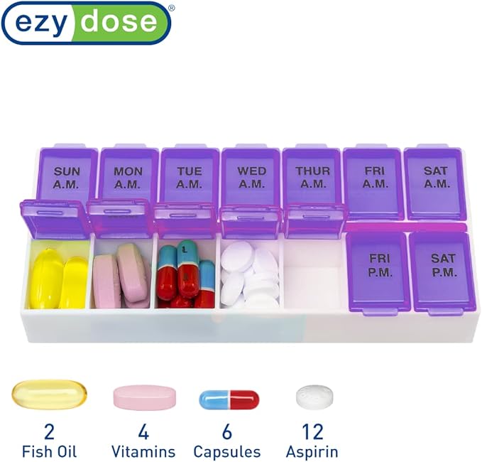 Ezy Dose Weekly (7-Day) AM/PM Pill Organizer, Vitamin Case, and Medicine Box, Medium Compartments, 2 Times a Day, Purple (Pack of 2)