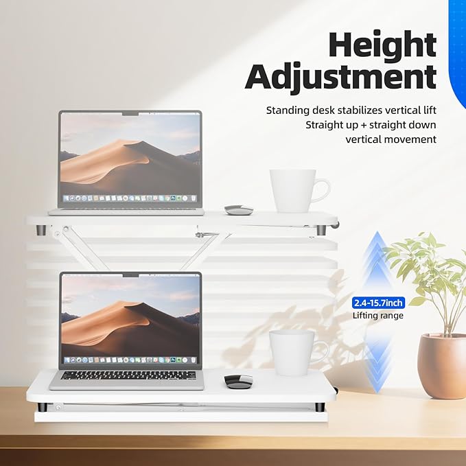 Standing Desk Converter Height Adjustable, Sit to Stand up Desk Riser Computer Workstation use in Laptop and Single Monitor Ergonomic Desktop Workstation for Home Office - White