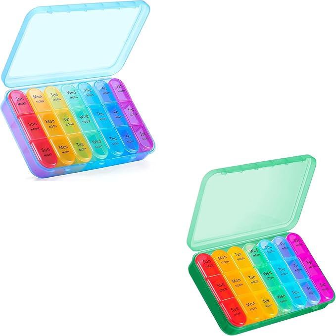 ASprink Cyan+Blue Pill Organizer 3 Times a Day - Weekly Pill Organizer 3 Times a Day - Large Pill Box 7 Day Medicine Organizer Pill Case, Travel Pill Organizer, to Hold Vitamins, Medicine