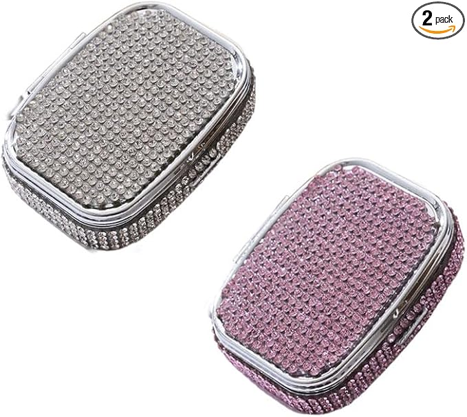 2PCS Pill Case Organizer,Rhinestone Pill Holder Portable Travel Pill Box,Pocket Pill Case Medicine Organizer,Small Pill Holder Case