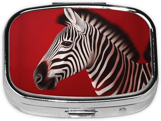Square Pill Box 2 Compartment Medicine Pill Case Zebra Red Pill Box for Purse Pocket Waterproof Metal Pill Container Portable Pill Holder Mini Pill Organizer for Travel or Daily