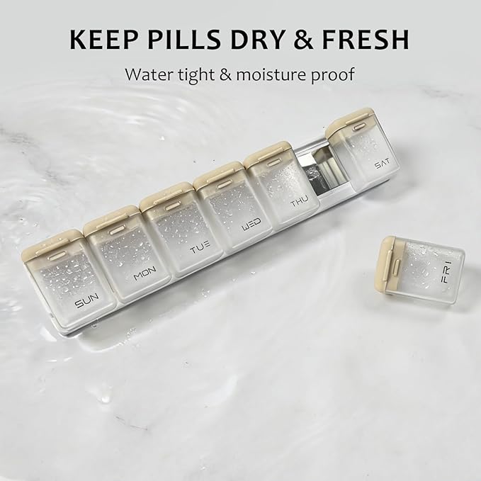 Fridge Magnetic Weekly Pill Organizer, Easy Open Daily Reminder Waterproof Pill Box for Vitamins, Travel & Daily Use (Brown)