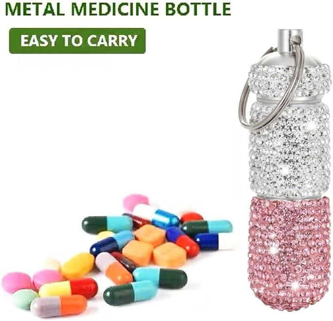 Bling Pill Case Portable Travel Pill Container Bottle Rhinestone Waterproof Small Pill Holder with Keychain Cute Mini Pill Storage Box (white pink)