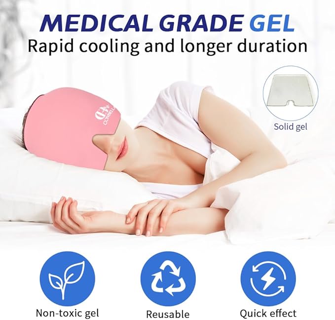 Migraine Relief Cap, Soothing Headache Ice Face Mask Products, Hot and Cold Therapy, Migraine Headache Relief Cap for Migraine, Sinus, Puffy Eyes, Tension, Stress and Hangover(Pink)