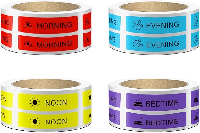 2000 Pcs Pre-Cut Medicine Stickers Medication Instruction Labels Morning Noon Evening Bedtime Medication Reminder Stickers for Pill Case Planner or Pocket Pharmacy Labels (500 Per Roll 4 Rolls