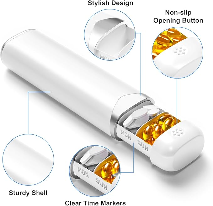 White&Silver 7-Day Portable Travel Pill Box - Daily Pill Organizer with 7 Compartments for Medicine, Fish Oil, Vitamins