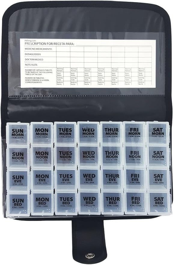 Deluxe Large Weekly 4X a Day Medication Pill Planner Organizer with Case - Each Compartment Holds Approx 30 Aspirins - 7 Day Pill Organizer has Large Removable 4X a Day Pill Boxes - Secure for Travel