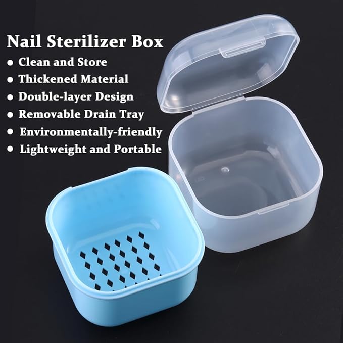 Nail Tool Sterilizer Box Plastic Sterilization Tray for Nail Art Accessories Tools, Portable Nail Drill Bits Disinfectant Container Soaking Box with Strainer Nail Art Salon Sterilizing Tool