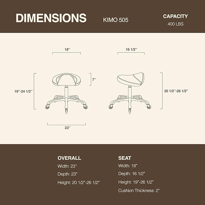 Heavy-Duty Ergonomic Pneumatic Swivel Rolling Saddle Stool with Extra Wide Seat for Hygienic Clinic Spa Massage Home and Office - 505 KIMO (Vanilla)