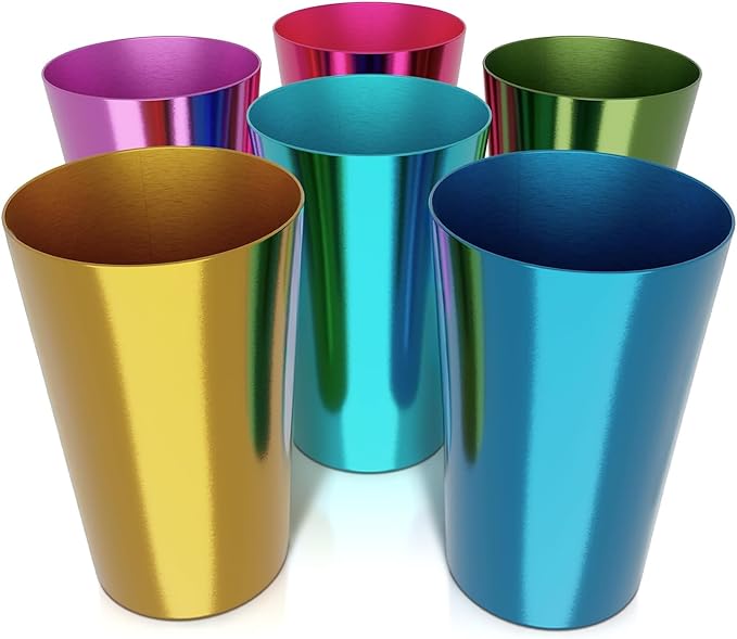 Retro Style Aluminum Cups 15 oz Set of 6 - Metal Tumblers for Cold Drinks, Festive Color-Finished Metal Cups for Drinking, Stackable and Dishwasher-Safe, for Home, Camping, Patio & Holiday Parties