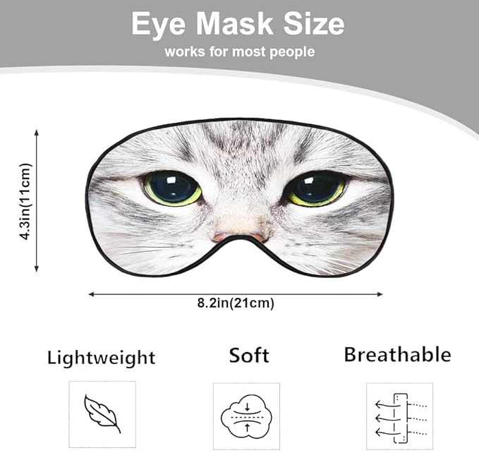 Cat Silk Eye Mask Sleep Mask Cute Funny Kitten Big Green Eyes Animal Pet Eye Mask with Adjustable Strap Lightweight for Women Work Travel Night Sleep