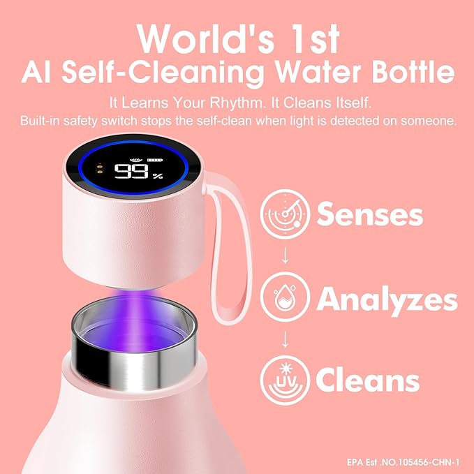 VSITOO 33oz Smart Self-Cleaning Water Bottle，Large Insulated Stainless Steel Bottle with AI Self-Clean, 30-Day Battery & Magnetic Charging for Outdoor Travel, Gym or Office, Pink