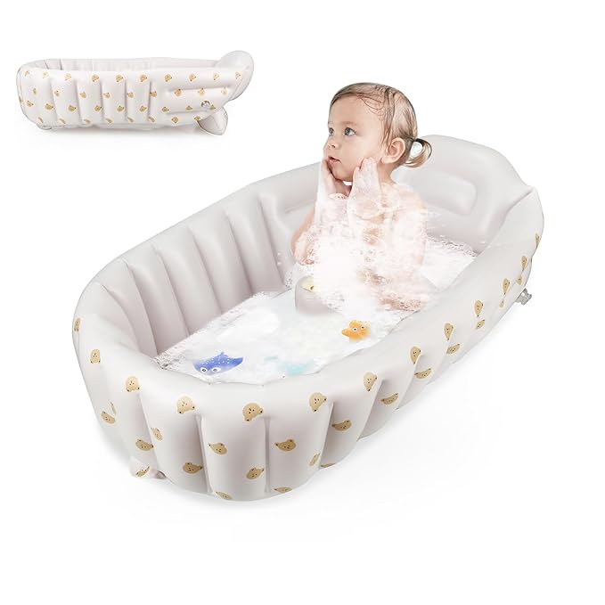 PandaEar Inflatable Baby Bathtub with Integrated Built-in Air Pump - No External Pump Needed, Non-Slip Portable Toddler Bath Tub, Travel-Friendly Foldable Infant Tub for Newborns to 24 Months（Bears）