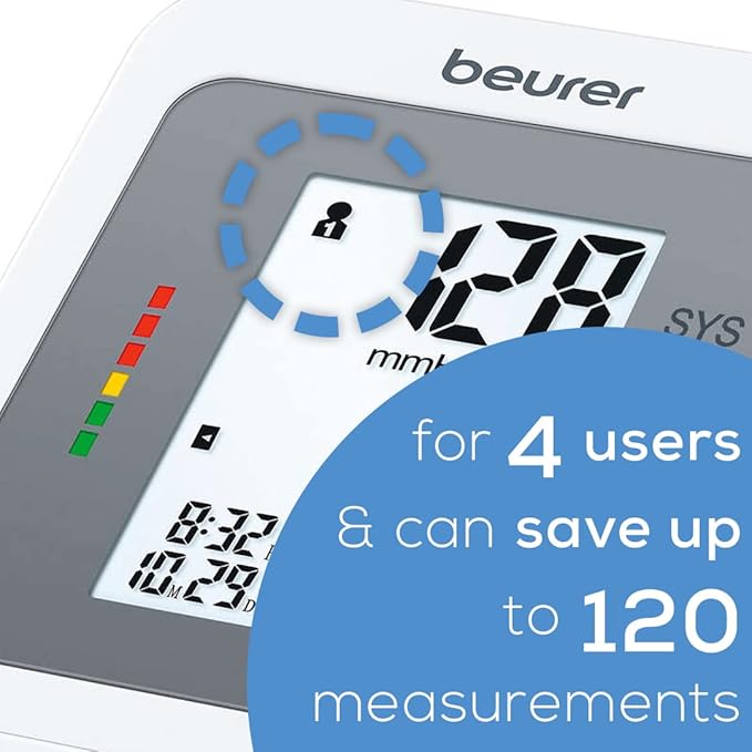 Beurer BM26 Upper Arm Blood Pressure Monitor, Large Cuff, 4 Users, Automatic & Digital, Large Display, Irreg. Heartbeat Detector, Cuff Circ. 8.7”-16.5”, Home Use BP Machine Kit, Highly accurate