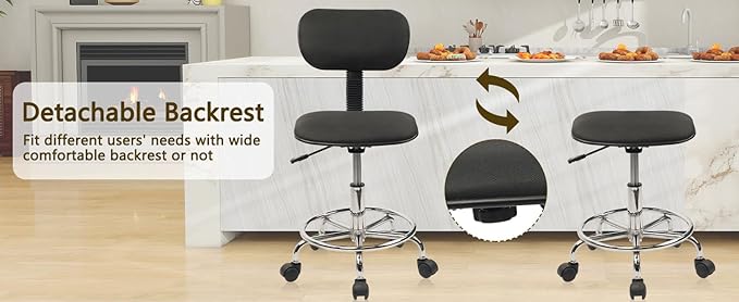 Low Wide Rolling Swivel Stool with Backrest, Adjustable Height Salon Chair Stools with Footrest for Spa Tattoo Office Desk Massage Task Lash Barber Facial, Black 2PK
