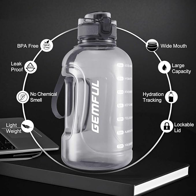 GEMFUL 2 Liter Water Bottle with Time Marker & Handle 64oz Large Motivational Jug for Gym Workouts No Straw Leak Proof BPA Free (Grey)